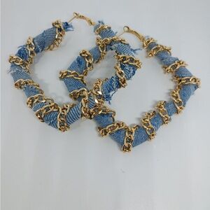 Gold and Blue Chain Hoop Earrings